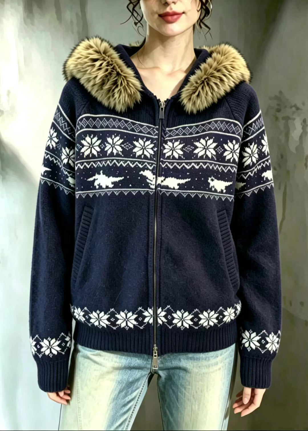 Vintage Navy Fair Isle Faux Fur Trim Hooded Double Zip Knit Cardigan Fall