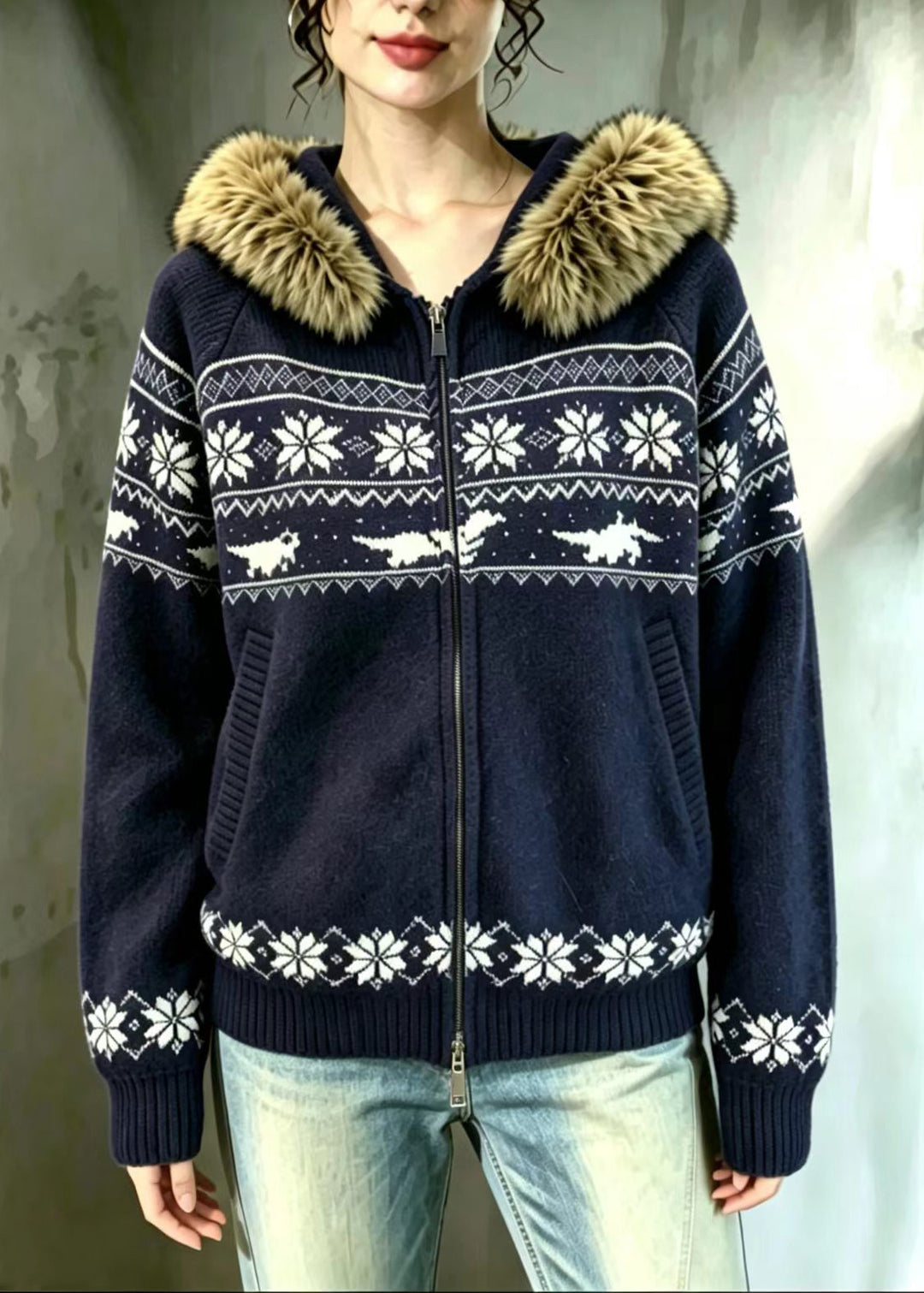 Vintage Navy Fair Isle Faux Fur Trim Hooded Double Zip Knit Cardigan Fall