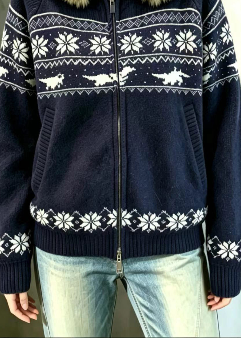 Vintage Navy Fair Isle Faux Fur Trim Hooded Double Zip Knit Cardigan Fall