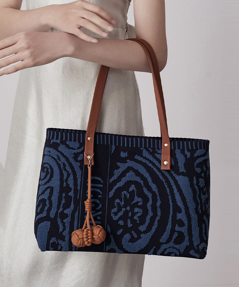 Vintage Navy Jacquard Large Capacity Cotton Satchel Handbag