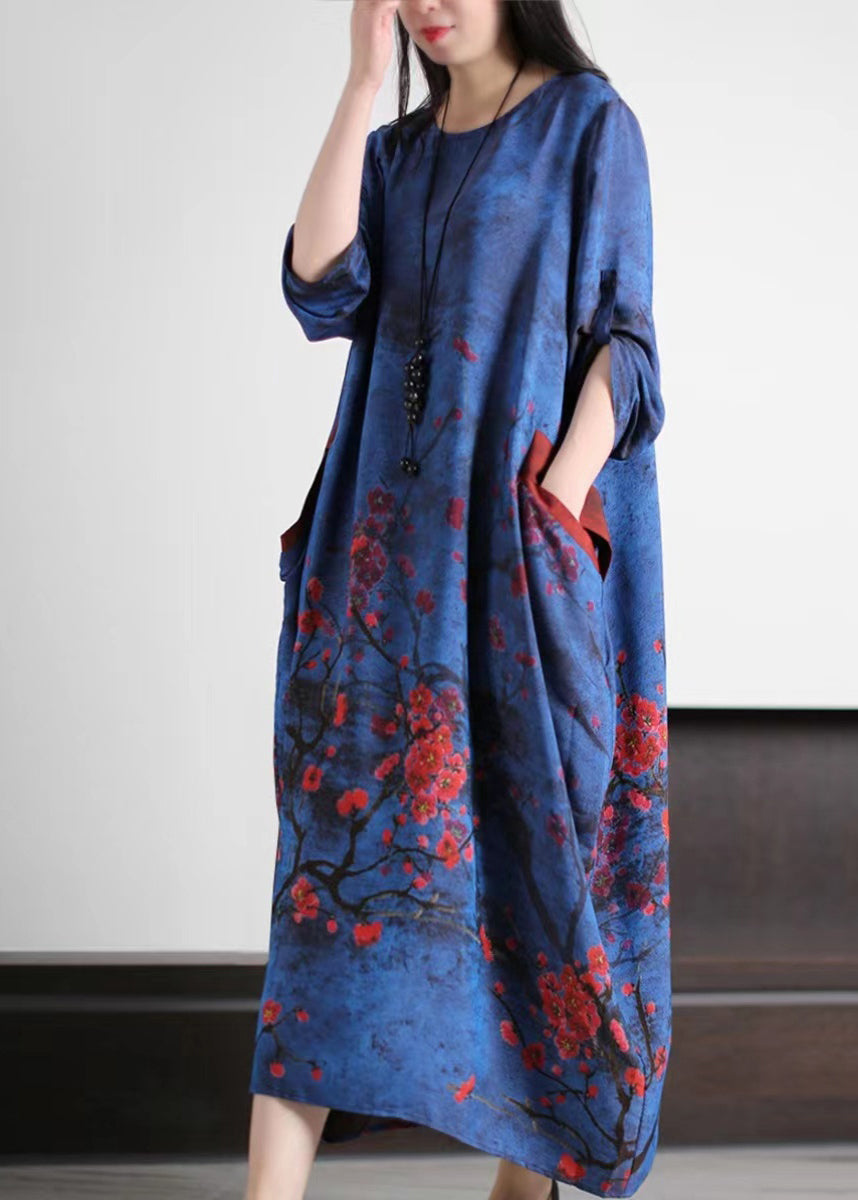 Vintage Navy Oversized Plum Blossom Print Silk Maxi Dress Spring