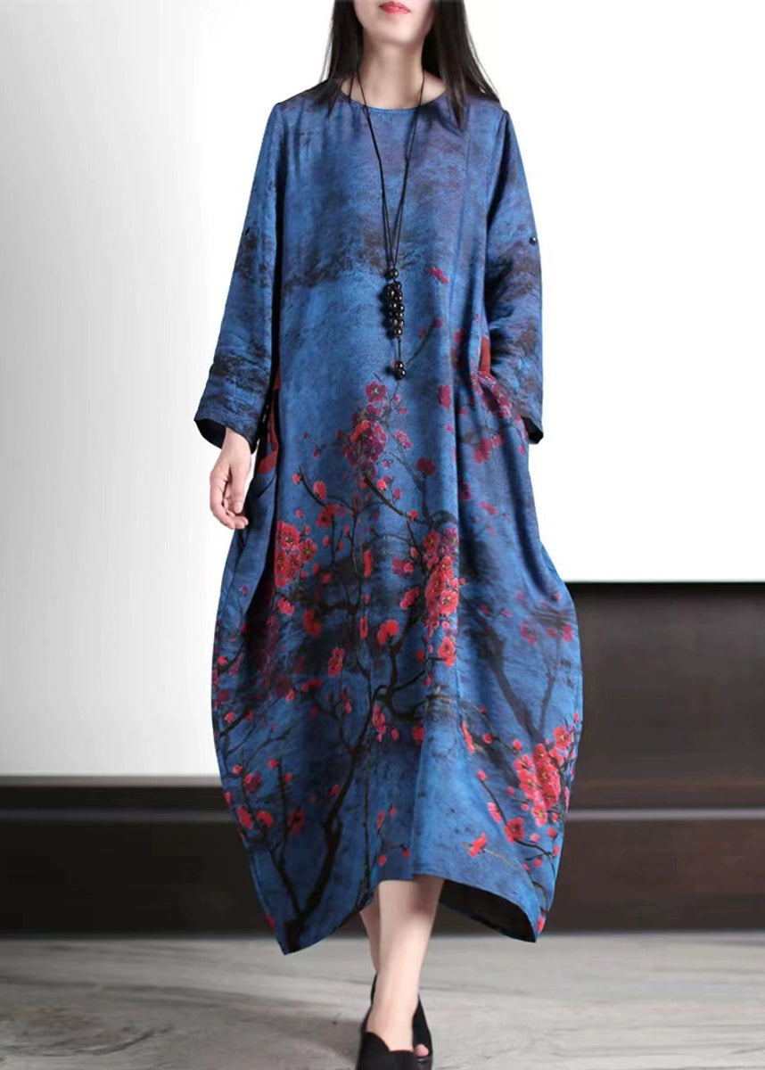 Vintage Navy Oversized Plum Blossom Print Silk Maxi Dress Spring