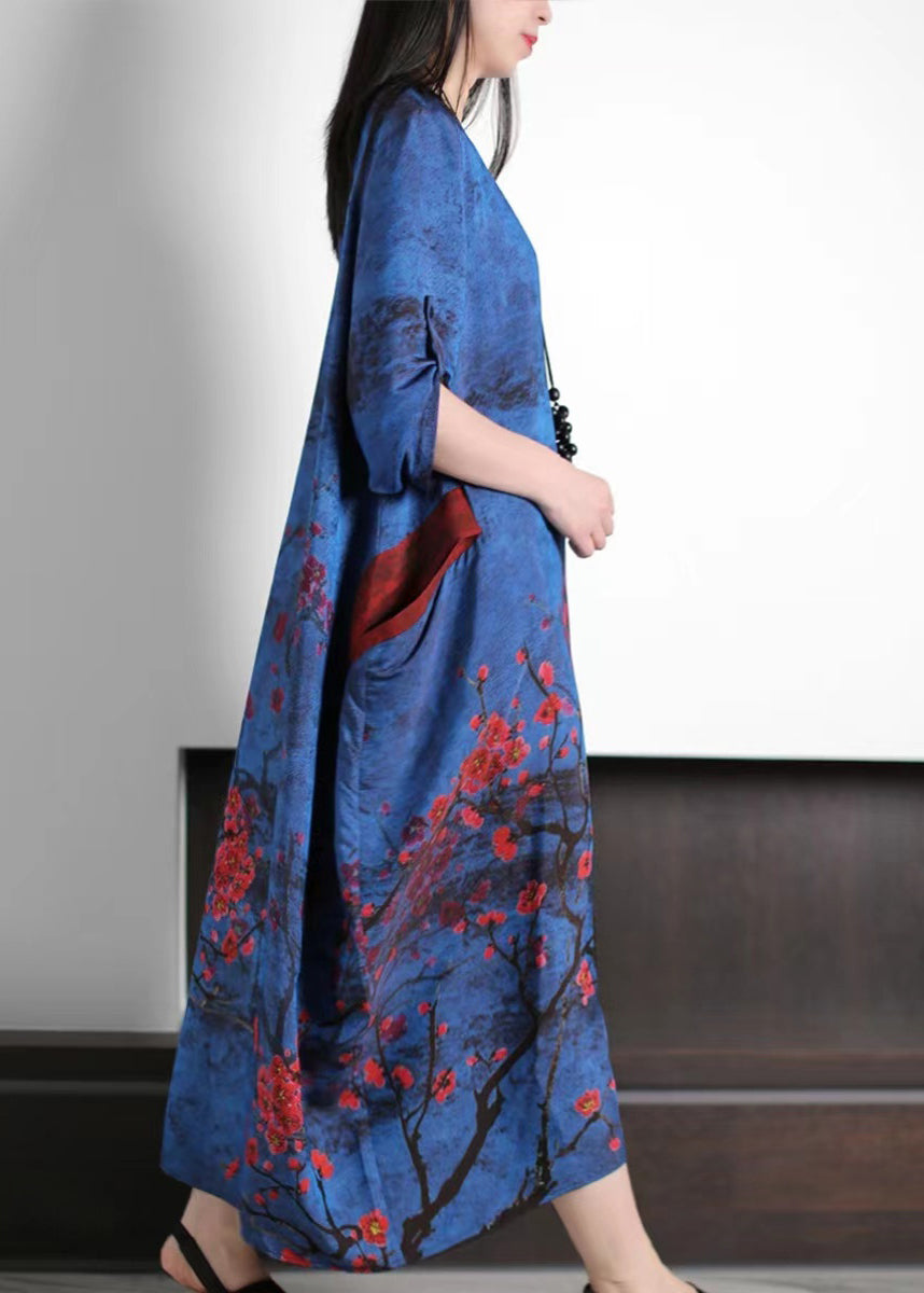 Vintage Navy Oversized Plum Blossom Print Silk Maxi Dress Spring