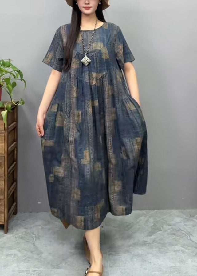 Vintage Navy Oversized Print Cotton Dress Summer