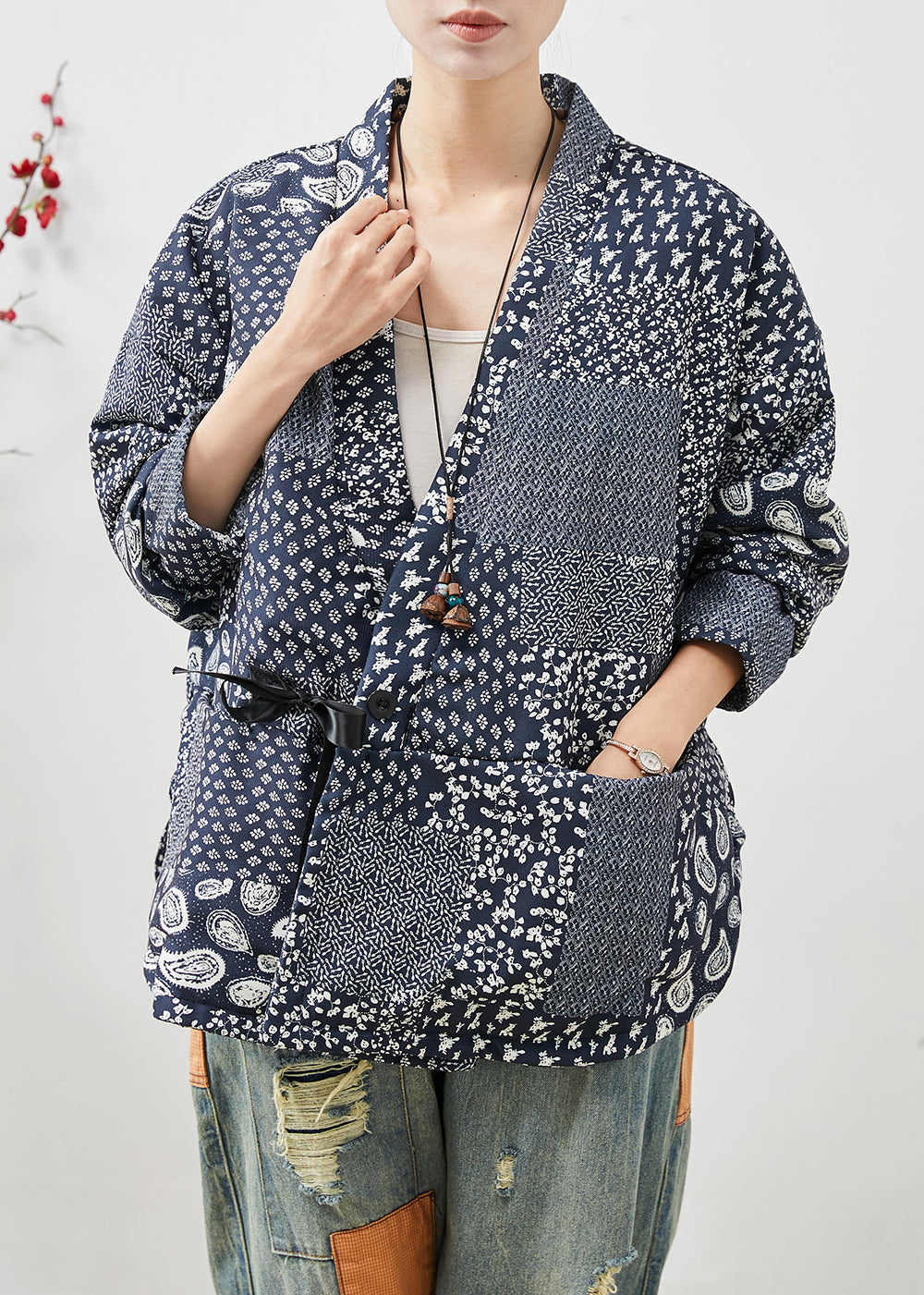Vintage Navy Oversized Print Linen Coat Spring