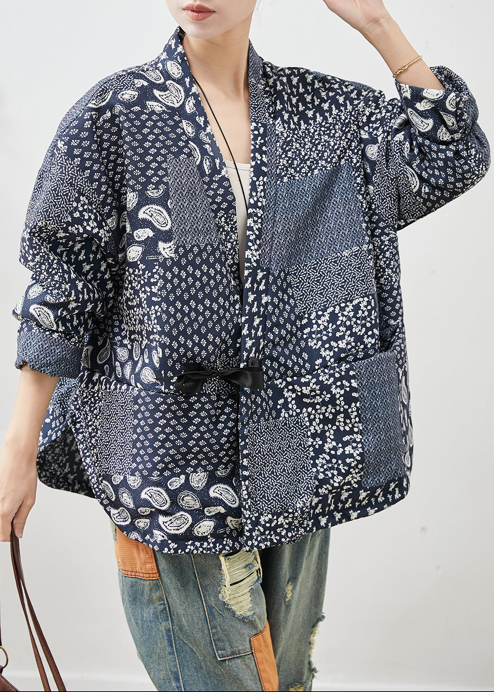 Vintage Navy Oversized Print Linen Coat Spring