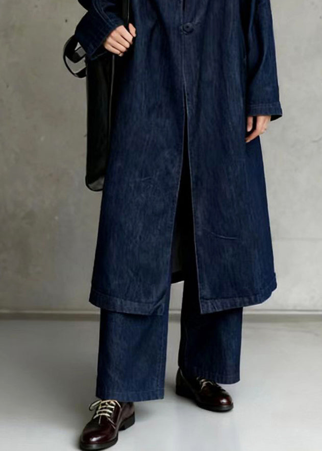 Vintage Navy Oversized Side Open Denim Two Piece Suit Set Spring