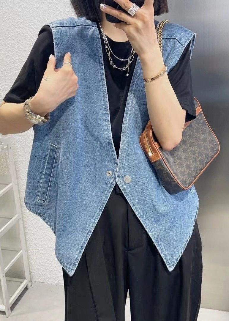 Vintage Navy Patchwork Button Denim Waistcoat Sleeveless