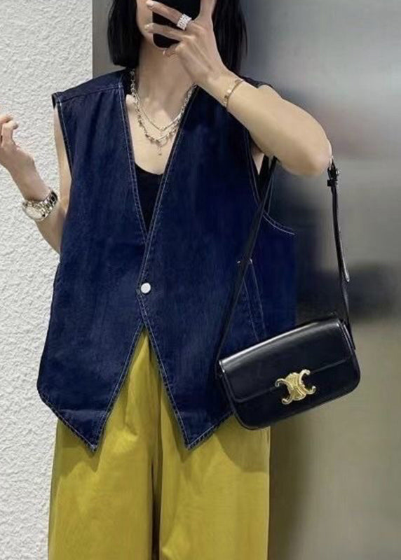 Vintage Navy Patchwork Button Denim Waistcoat Sleeveless