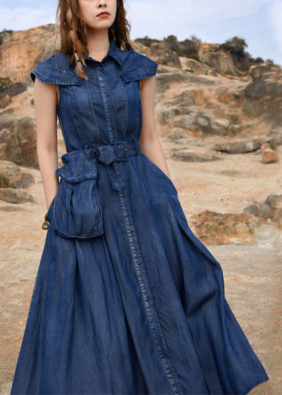 Vintage Navy Peter Pan Collar Patchwork Pockets Long Denim Dress Short Sleeve