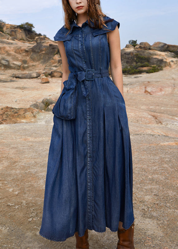 Vintage Navy Peter Pan Collar Patchwork Pockets Long Denim Dress Short Sleeve