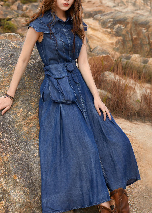 Vintage Navy Peter Pan Collar Patchwork Pockets Long Denim Dress Short Sleeve