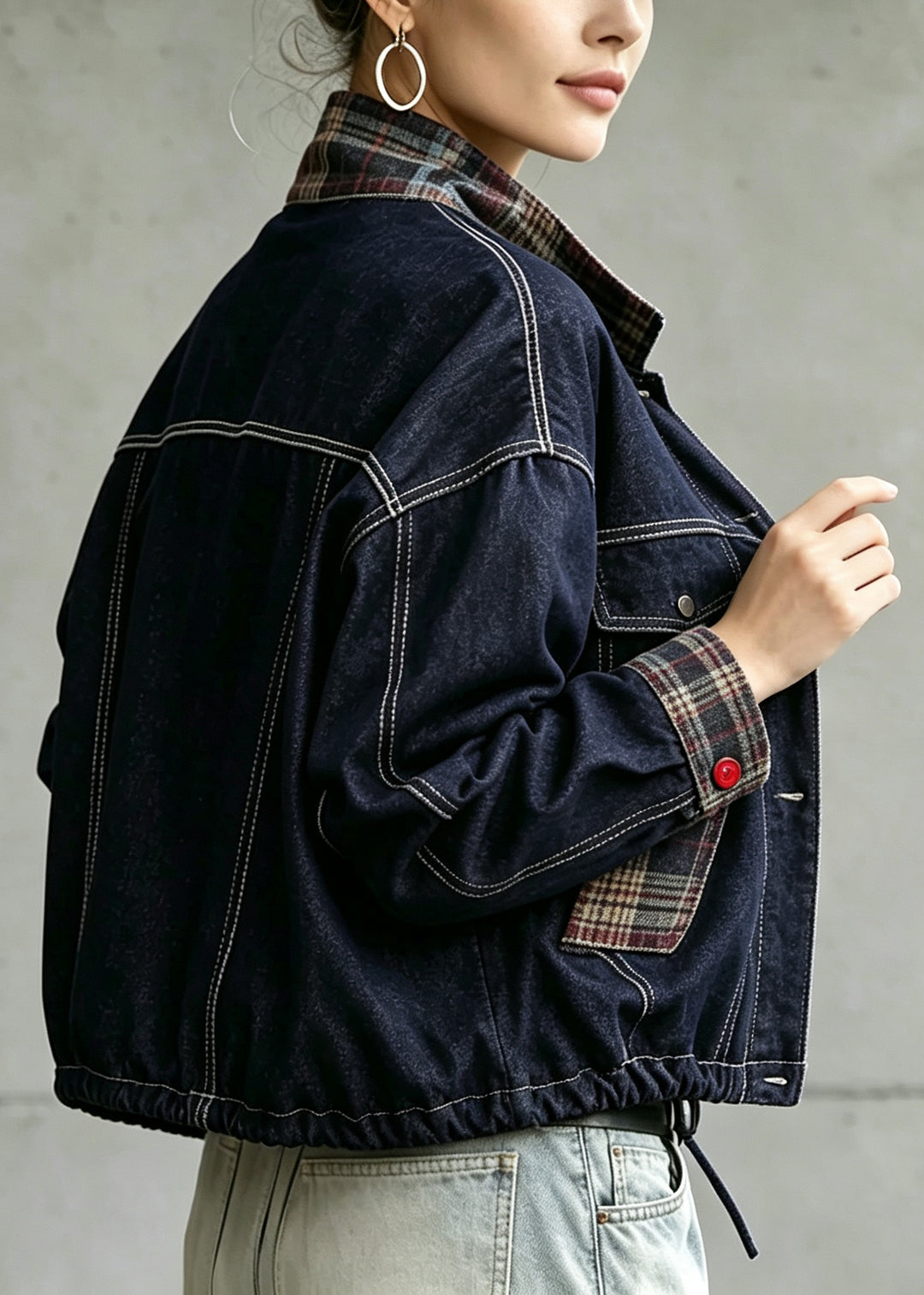 Vintage Navy Plaid Patchwork Drawstring Denim Jackets Fall