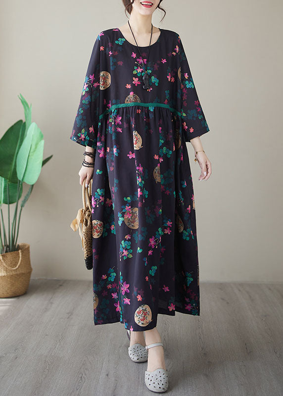 Vintage Navy Print Maxi Dresses Long Sleeve