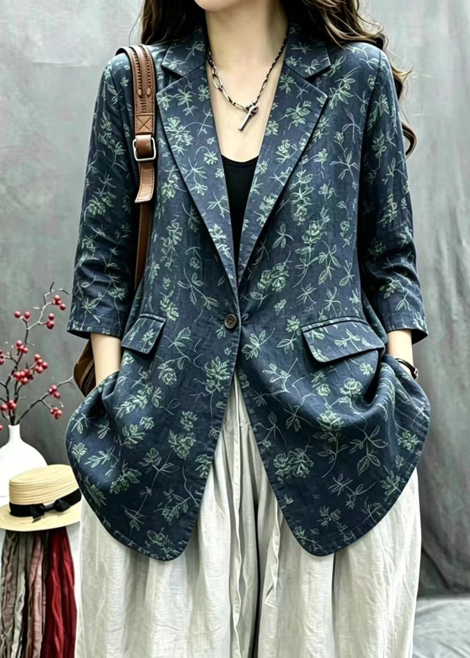 Vintage Navy Print Notched One Button Jacket Fall
