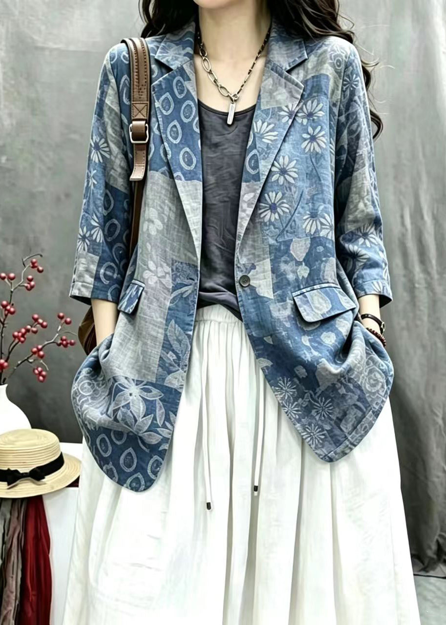 Vintage Navy Print Notched One Button Jacket Fall