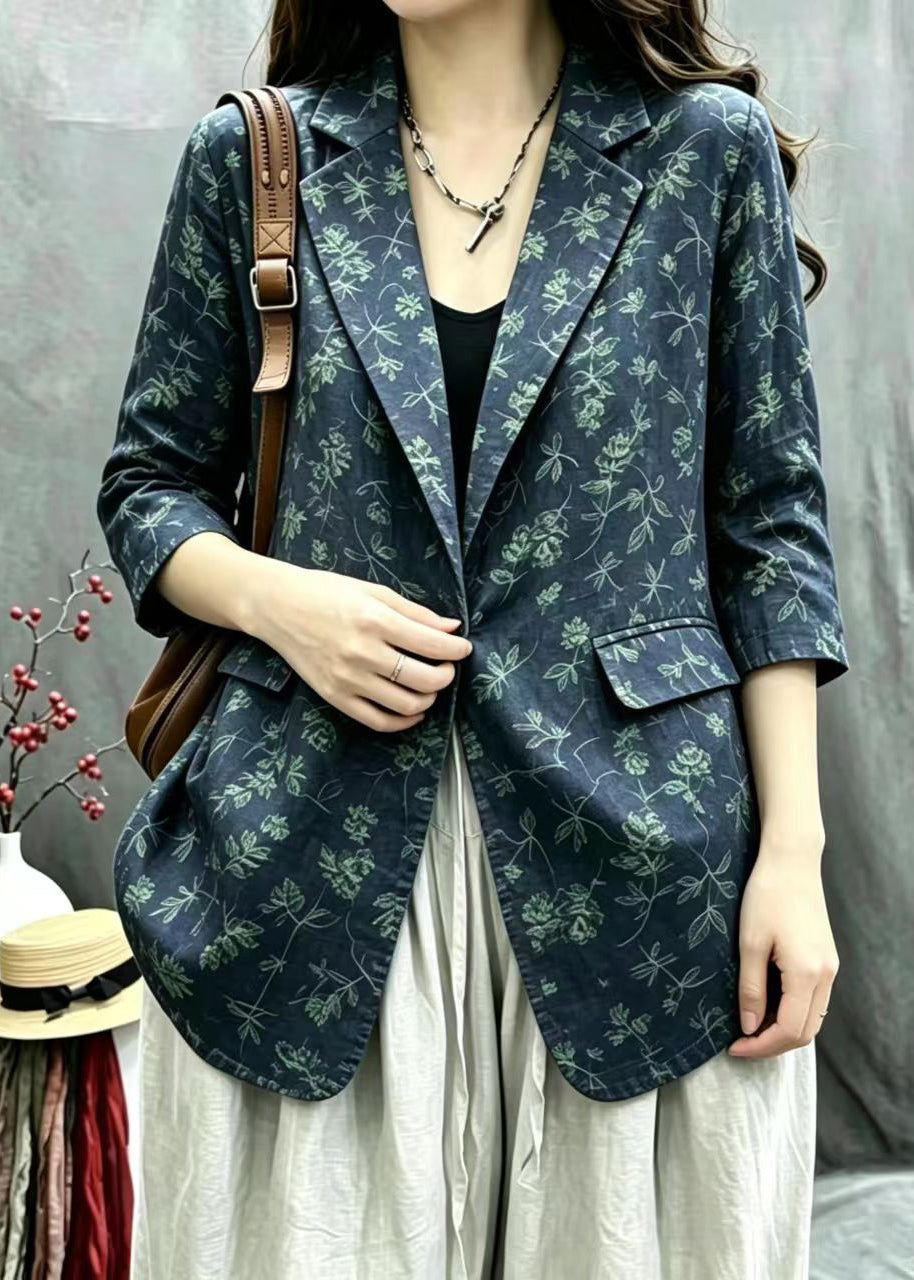 Vintage Navy Print Notched One Button Jacket Fall