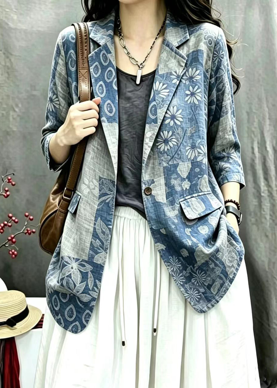 Vintage Navy Print Notched One Button Jacket Fall