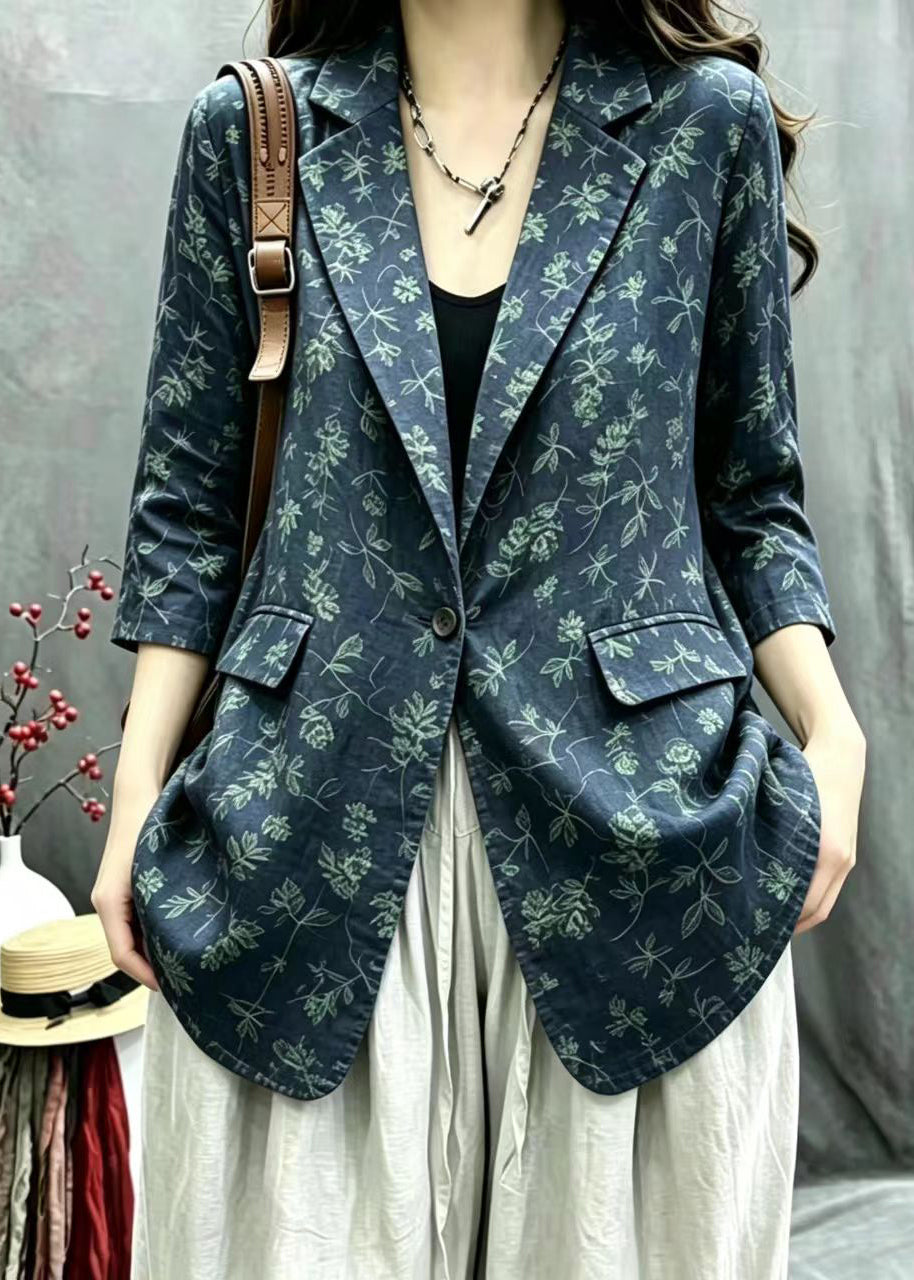 Vintage Navy Print Notched One Button Jacket Fall