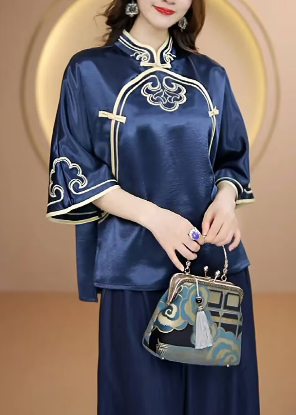 Vintage Navy Stand Collar Embroidered Silk Top Flare Sleeve