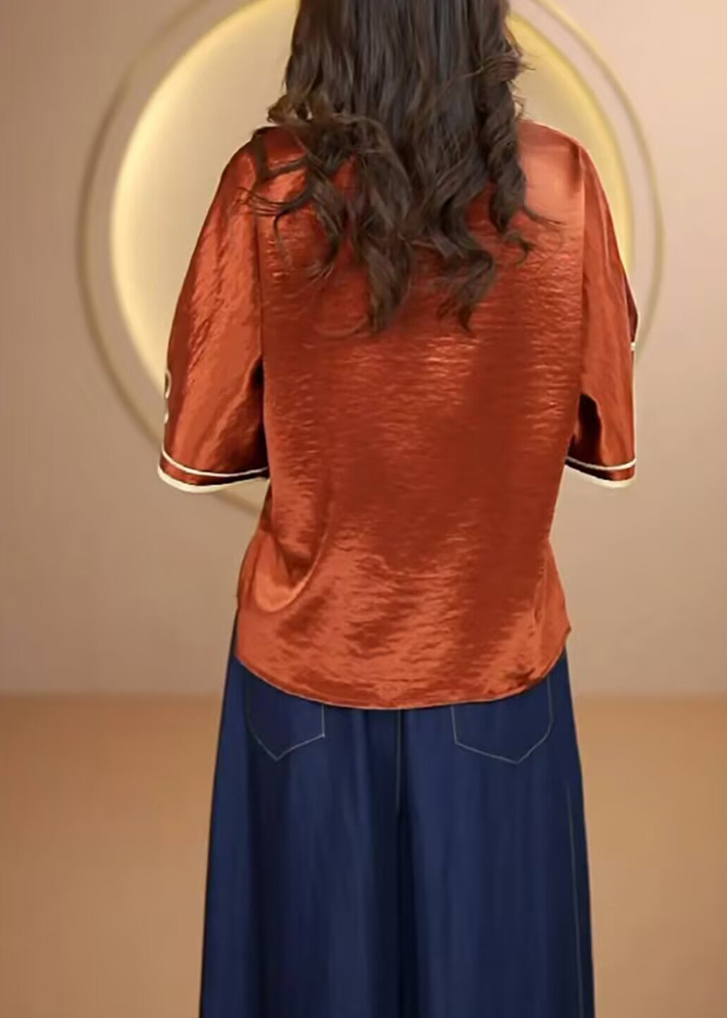 Vintage Navy Stand Collar Embroidered Silk Top Flare Sleeve