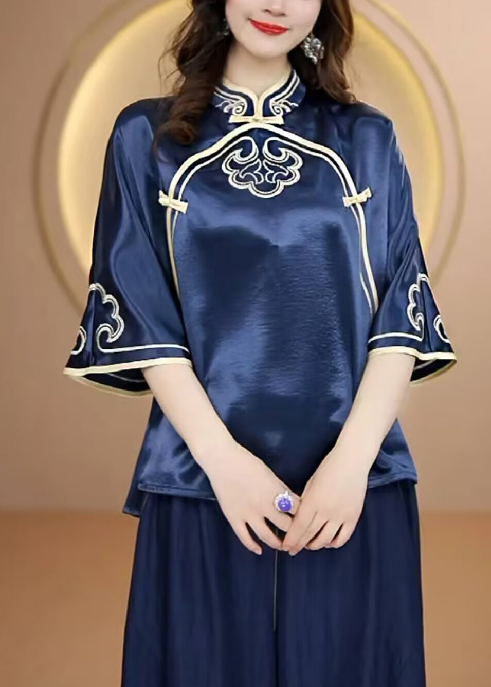 Vintage Navy Stand Collar Embroidered Silk Top Flare Sleeve