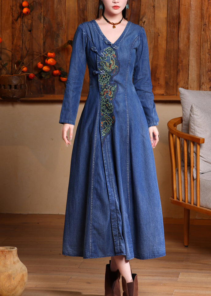 Vintage Navy V Neck Embroidered Button Long Denim Dresses Long Sleeve