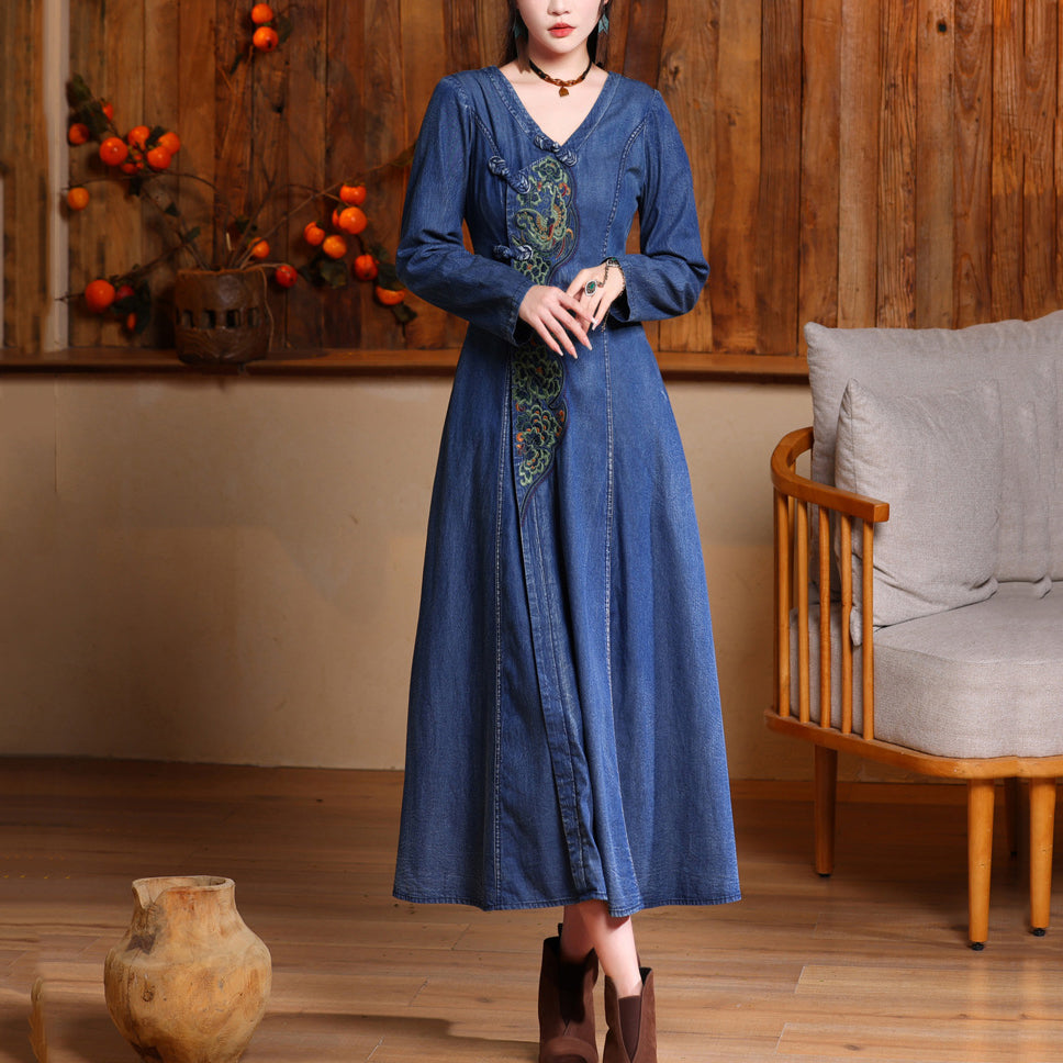 Vintage Navy V Neck Embroidered Button Long Denim Dresses Long Sleeve