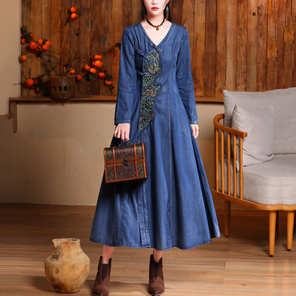 Vintage Navy V Neck Embroidered Button Long Denim Dresses Long Sleeve