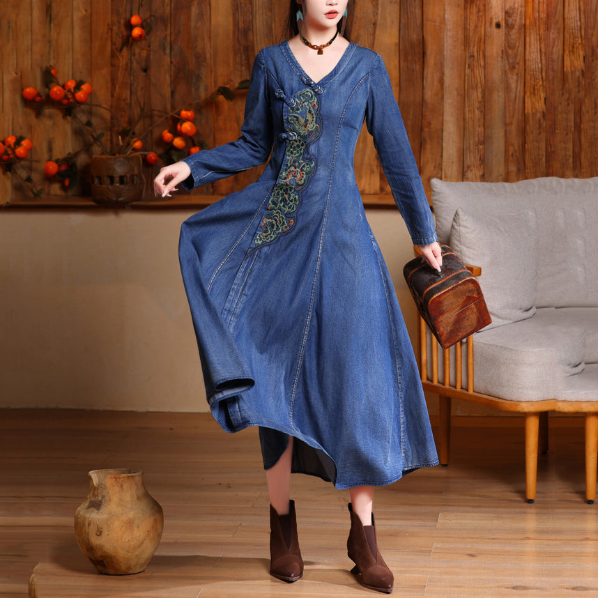 Vintage Navy V Neck Embroidered Button Long Denim Dresses Long Sleeve