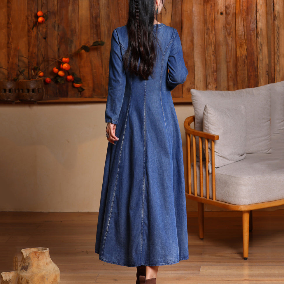 Vintage Navy V Neck Embroidered Button Long Denim Dresses Long Sleeve