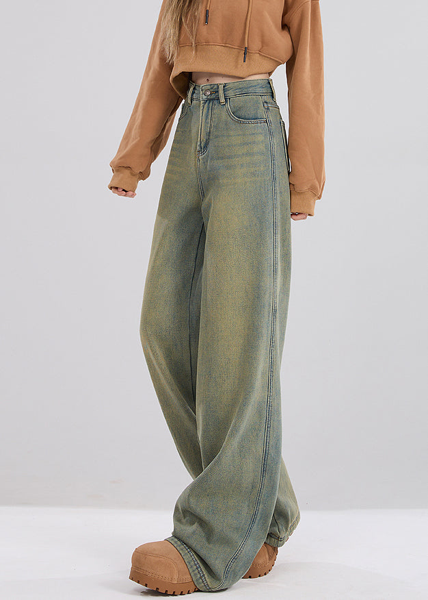 Vintage Nostalgic Blue Pockets High Waist Warm Fleece Jeans Spring