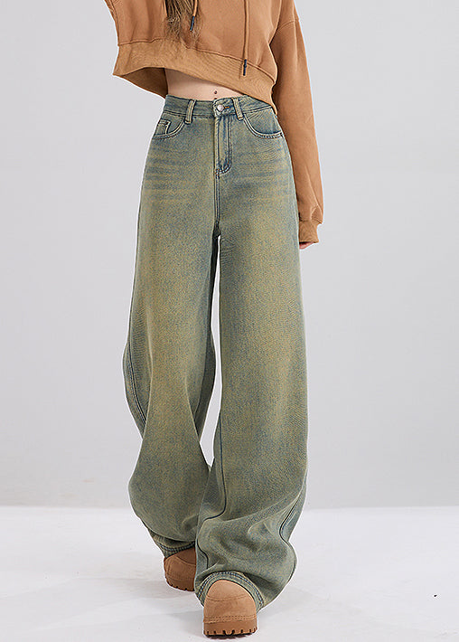 Vintage Nostalgic Blue Pockets High Waist Warm Fleece Jeans Spring