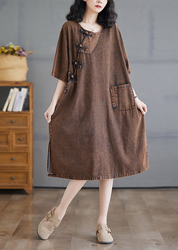 Vintage O-Neck Button Side Open Denim Long Dresses Short Sleeve