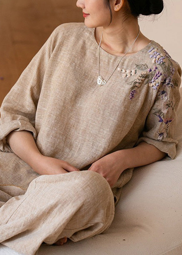 Vintage O-Neck Embroidered Linen Shirt Top Long Sleeve