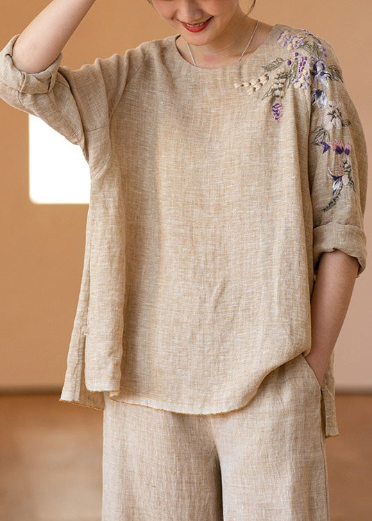 Vintage O-Neck Embroidered Linen Shirt Top Long Sleeve
