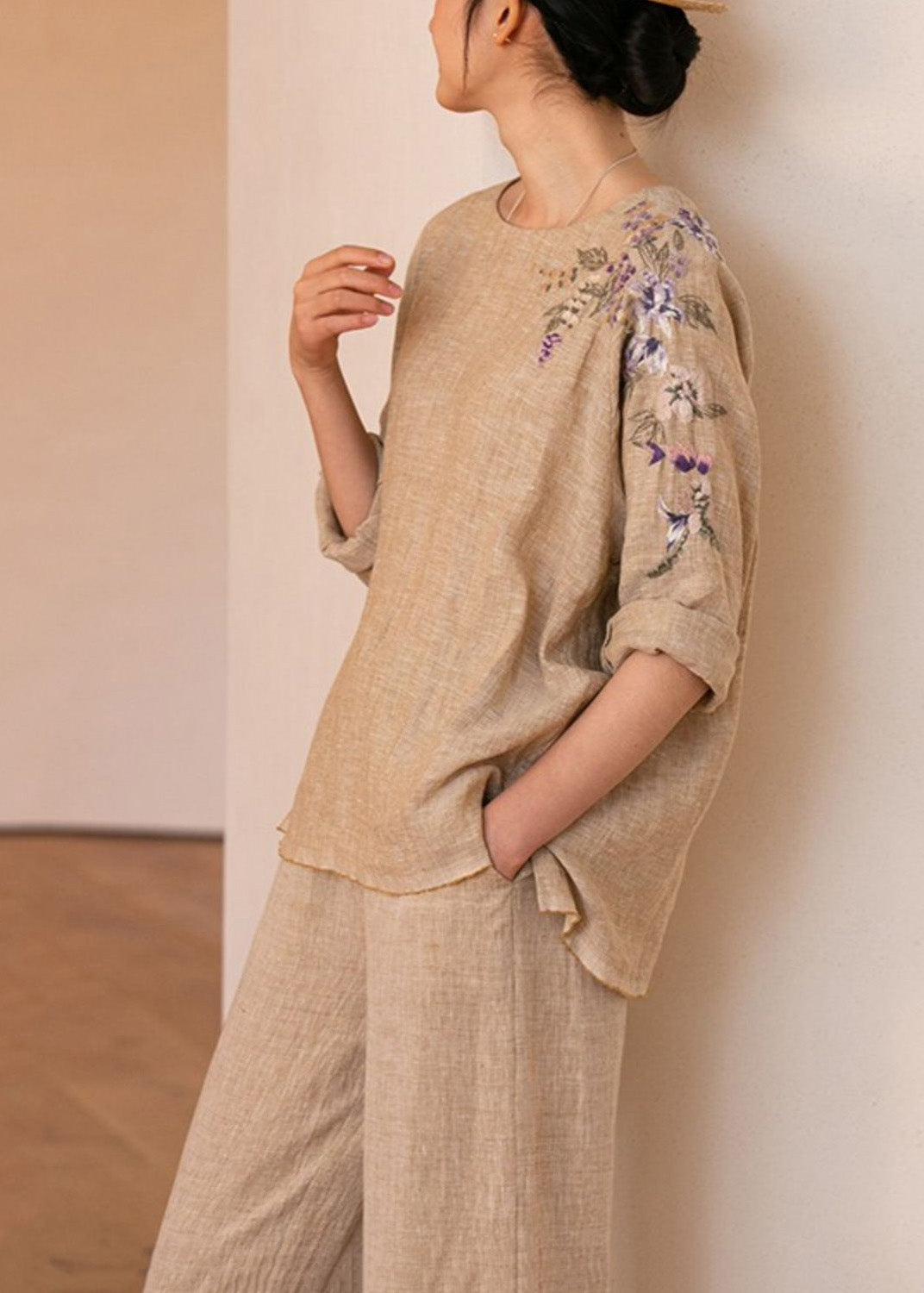 Vintage O-Neck Embroidered Linen Shirt Top Long Sleeve