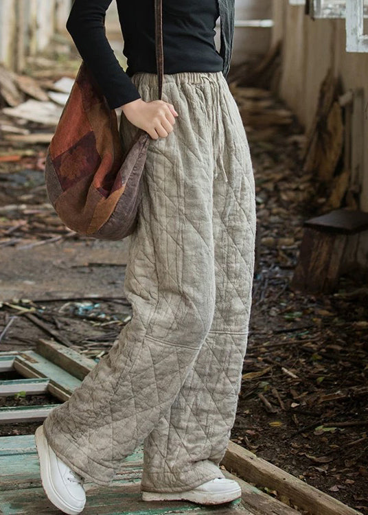 Vintage Oatmeal Plaid Tie Dye Pockets Cotton Filled Straight Pants