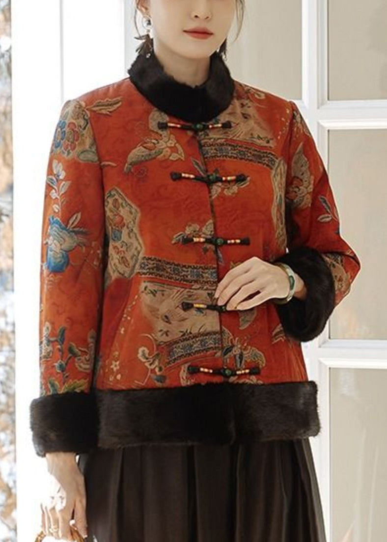 Vintage Orange Button Patchwork Parkas Winter