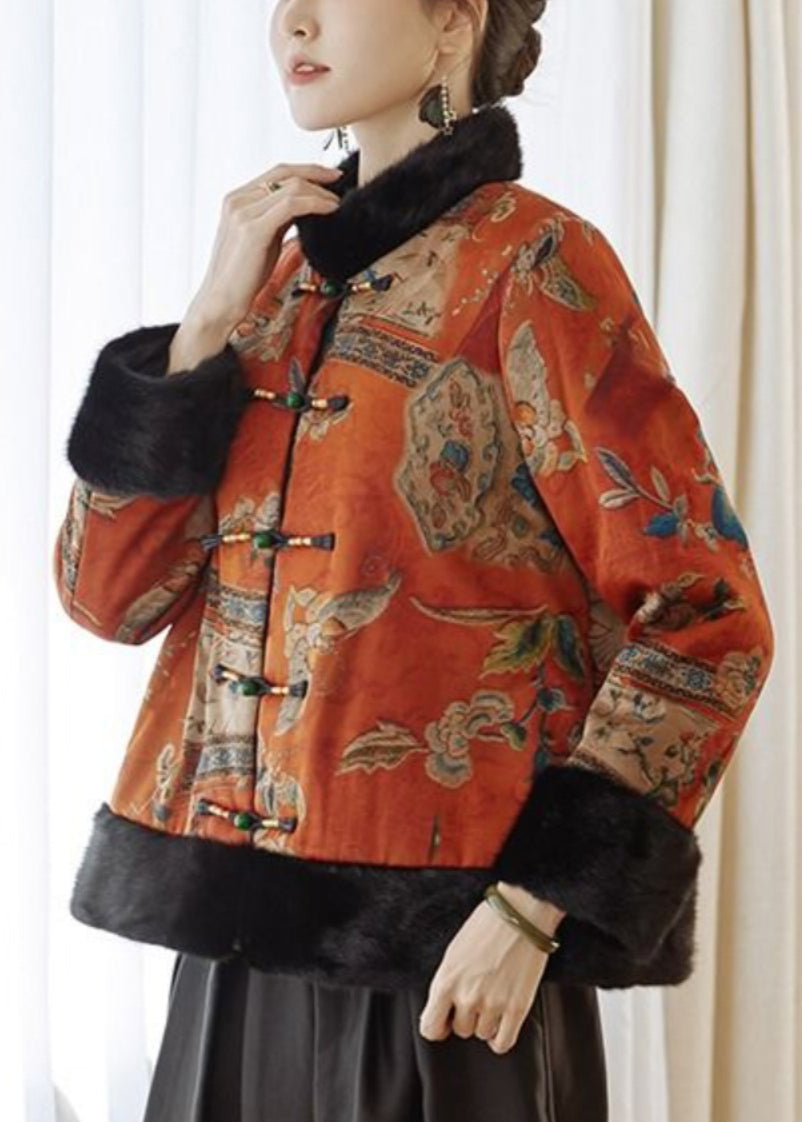 Vintage Orange Button Patchwork Parkas Winter