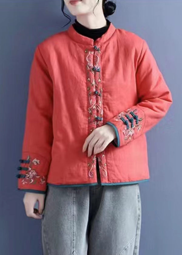 Vintage Orange Embroidered Button Cotton Filled Coats Winter