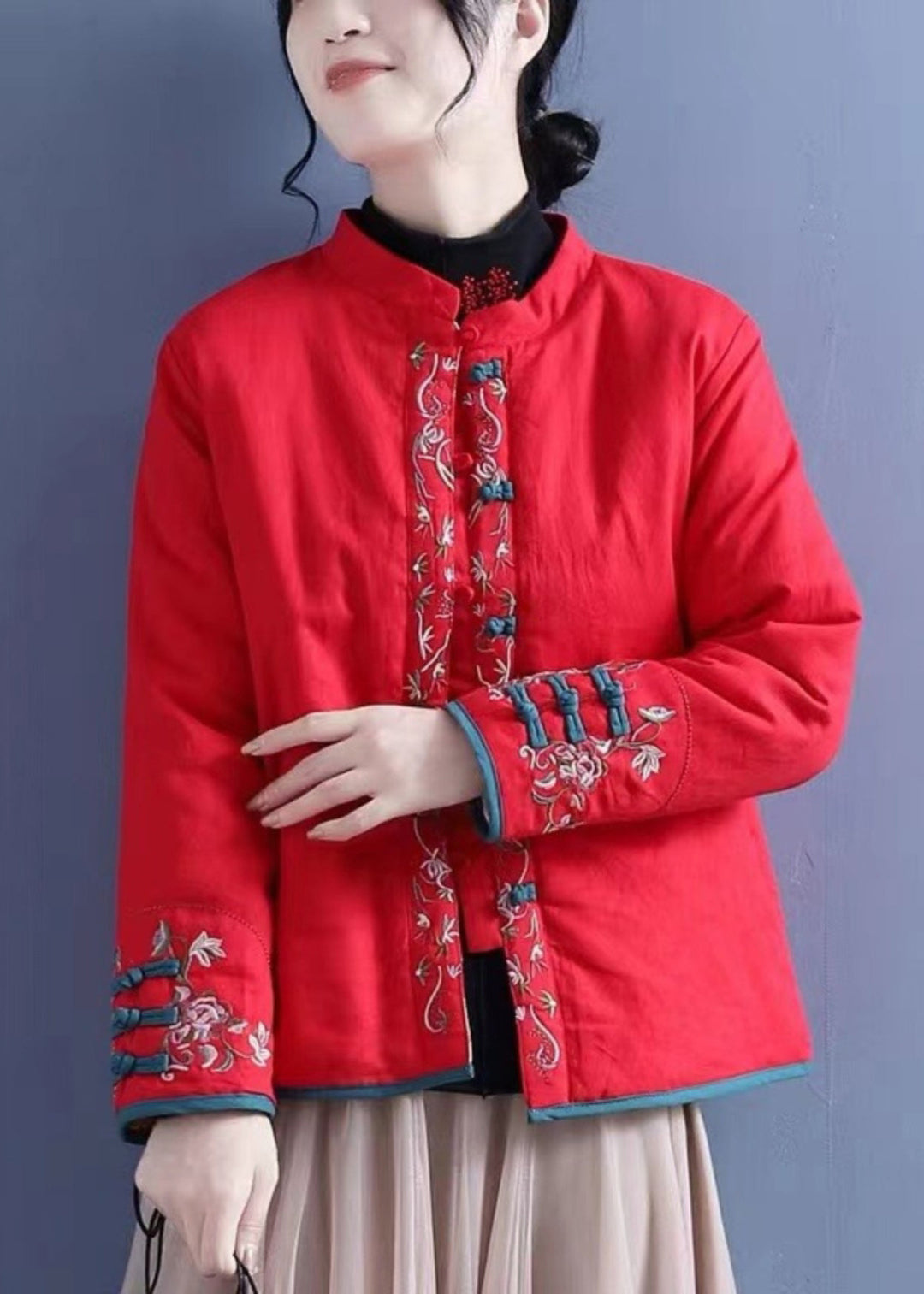 Vintage Orange Embroidered Button Cotton Filled Coats Winter