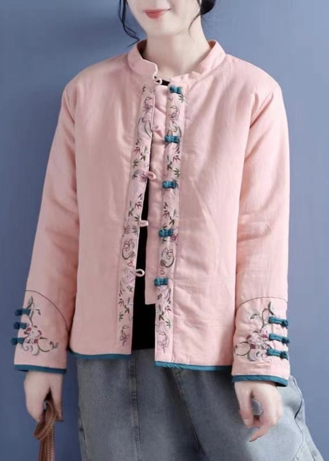 Vintage Orange Embroidered Button Cotton Filled Coats Winter