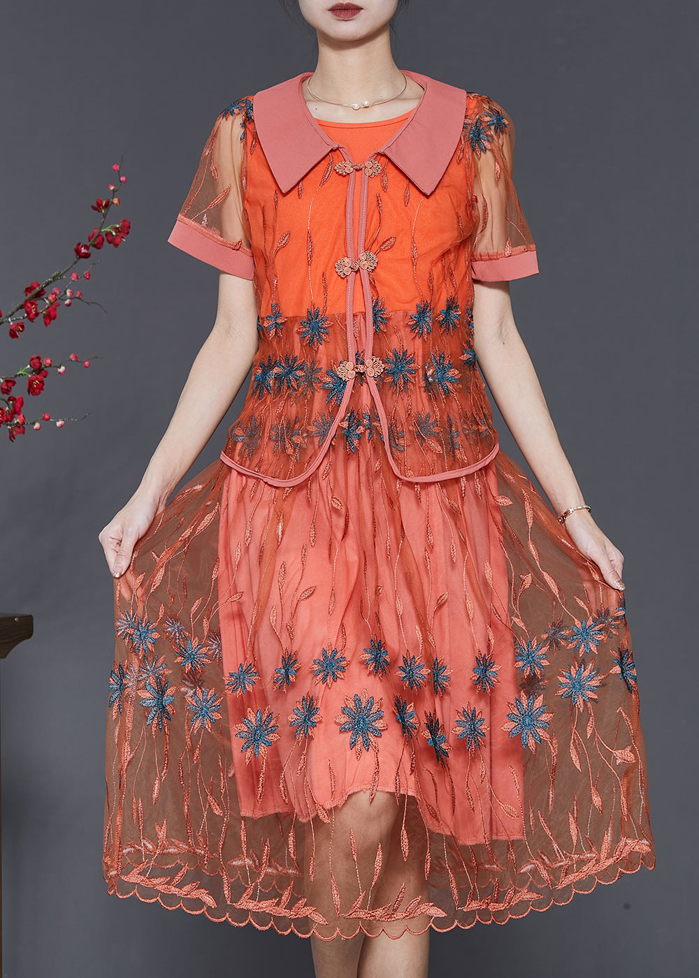Vintage Orange Embroidered Patchwork Tulle Dresses Two Piece Set Summer