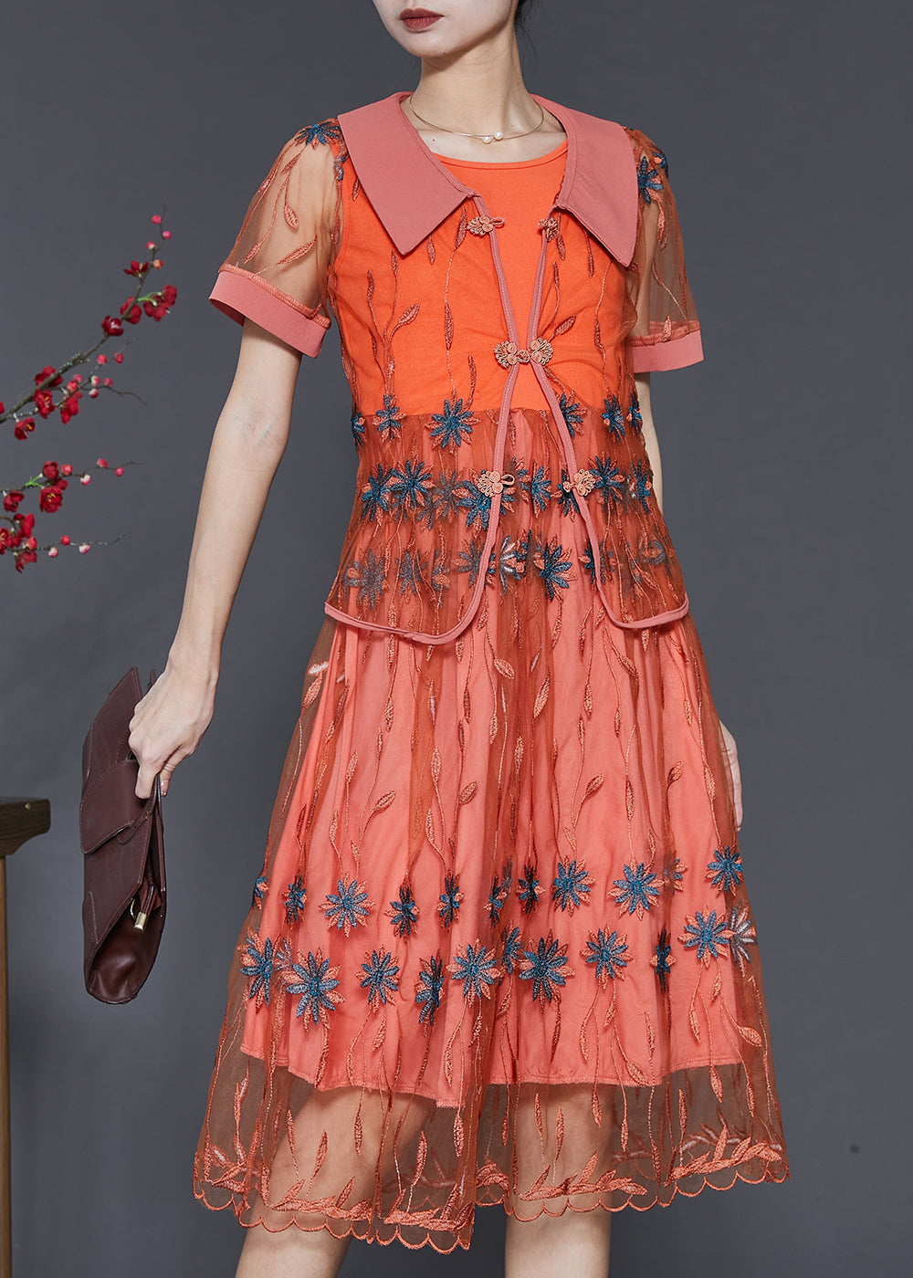 Vintage Orange Embroidered Patchwork Tulle Dresses Two Piece Set Summer