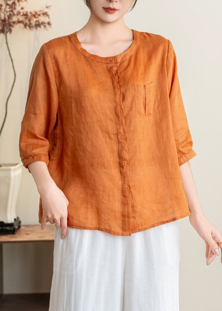 Vintage Orange O Neck Button Linen Shirts Summer