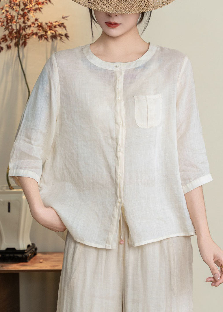 Vintage Orange O Neck Button Linen Shirts Summer