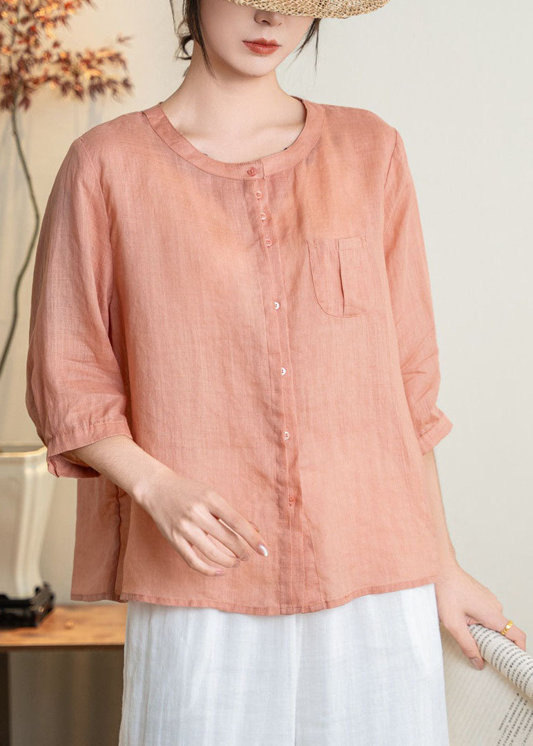 Vintage Orange O Neck Button Linen Shirts Summer