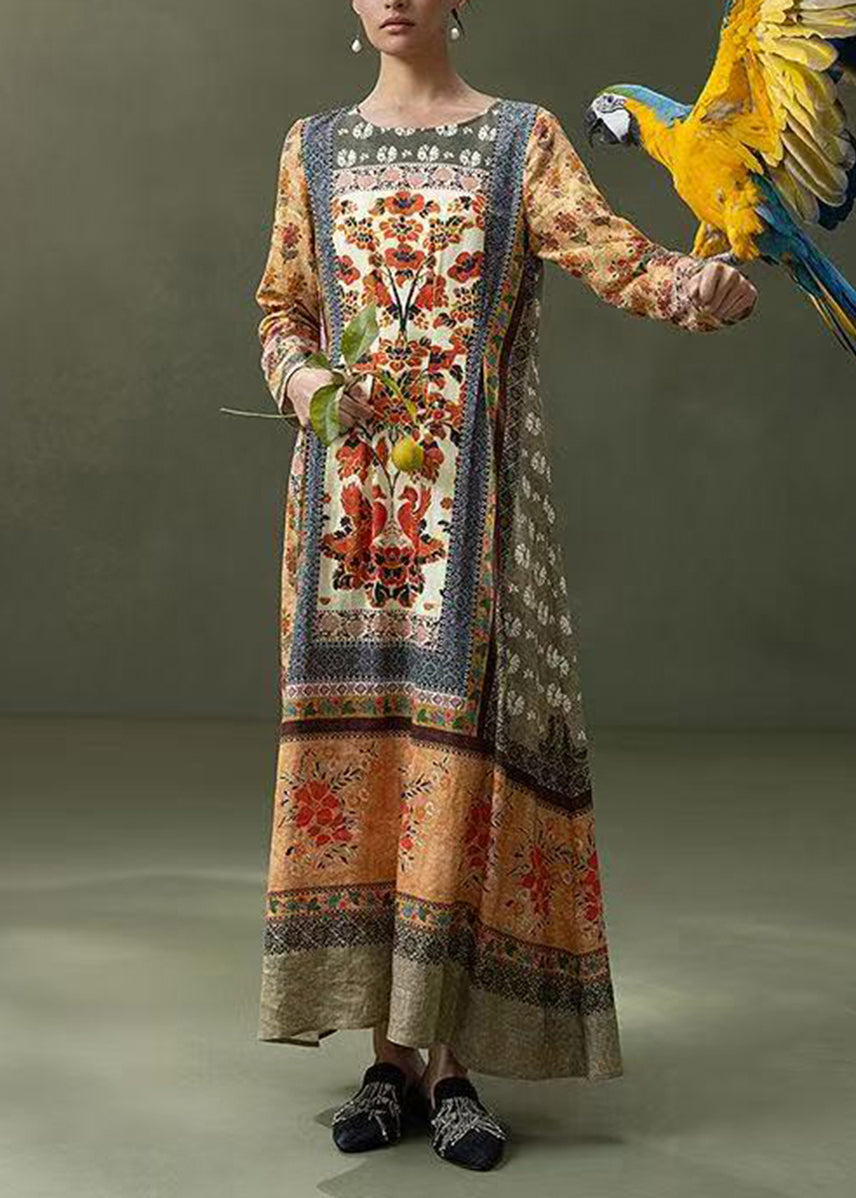 Vintage Orange O-Neck Print Maxi Dresses Long Sleeve
