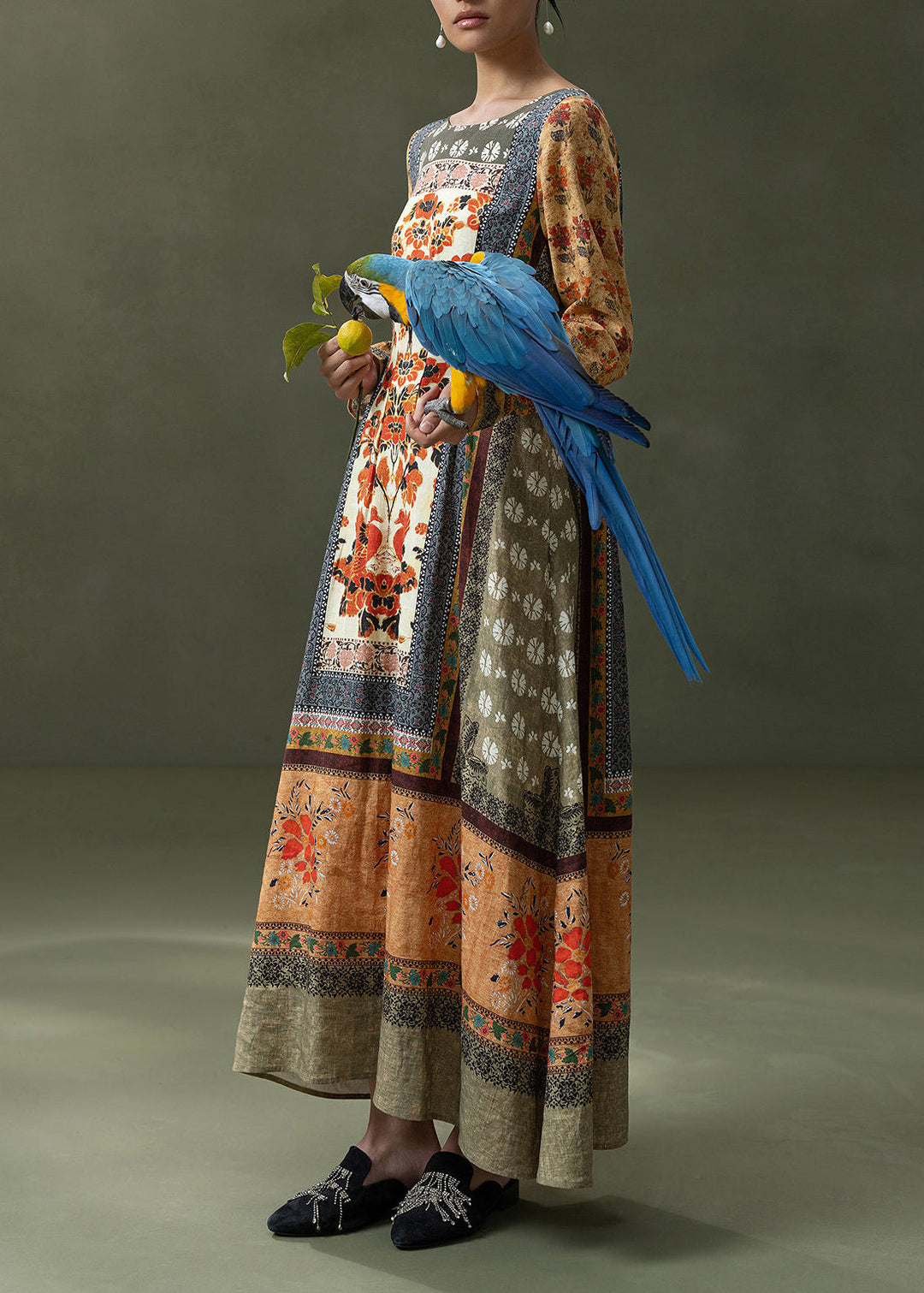 Vintage Orange O-Neck Print Maxi Dresses Long Sleeve